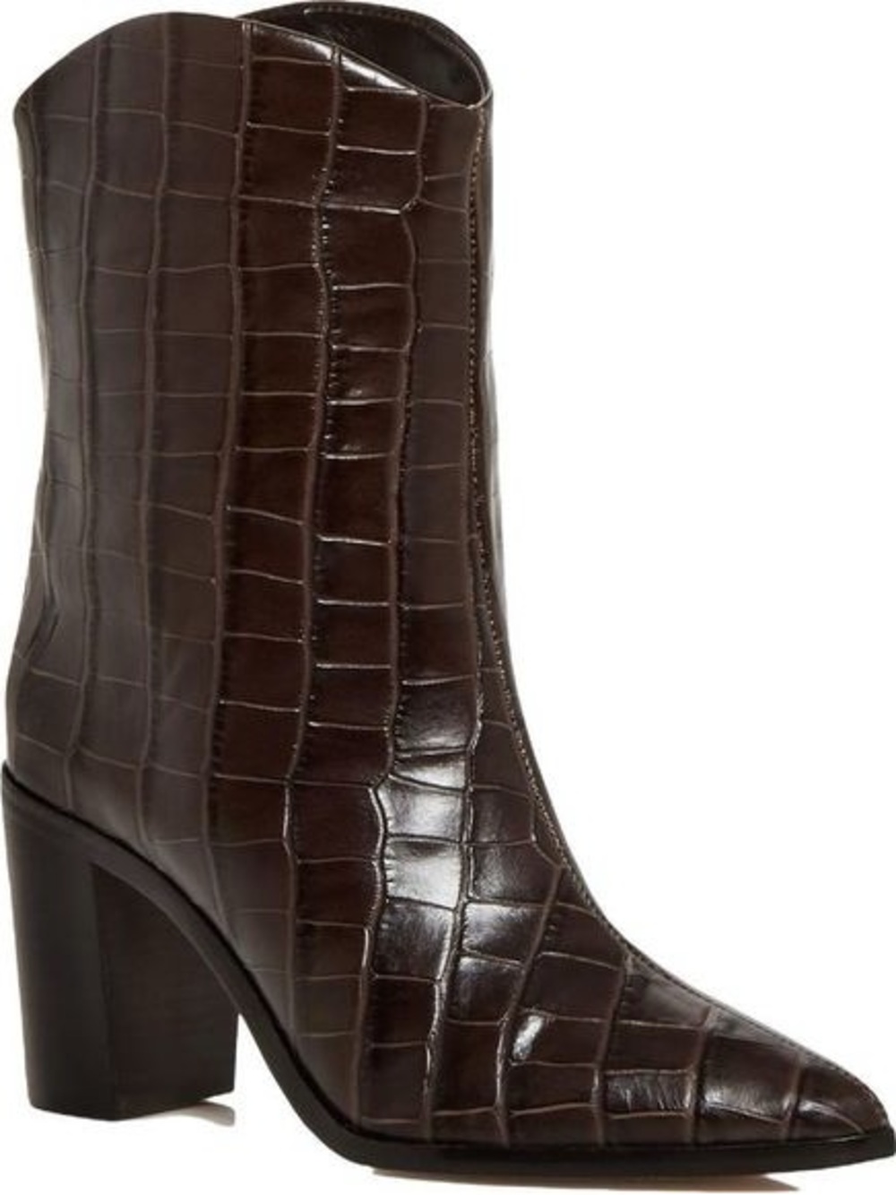 SCHUTZ Dark Brown Croc-Embossed Leather Block-Heel Ankle Boots